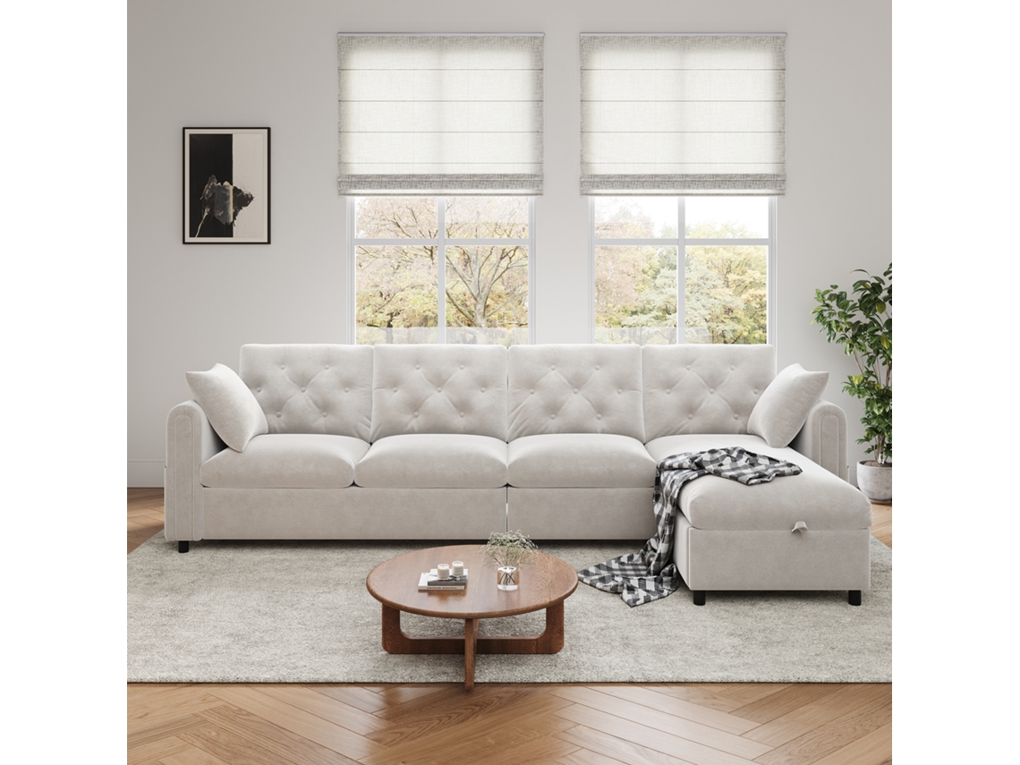 Sofá Moderno Terciopelo 281x86x71 Cm - Stauraum En El Rincón, Reposabrazos Con Bolsillos - Beige