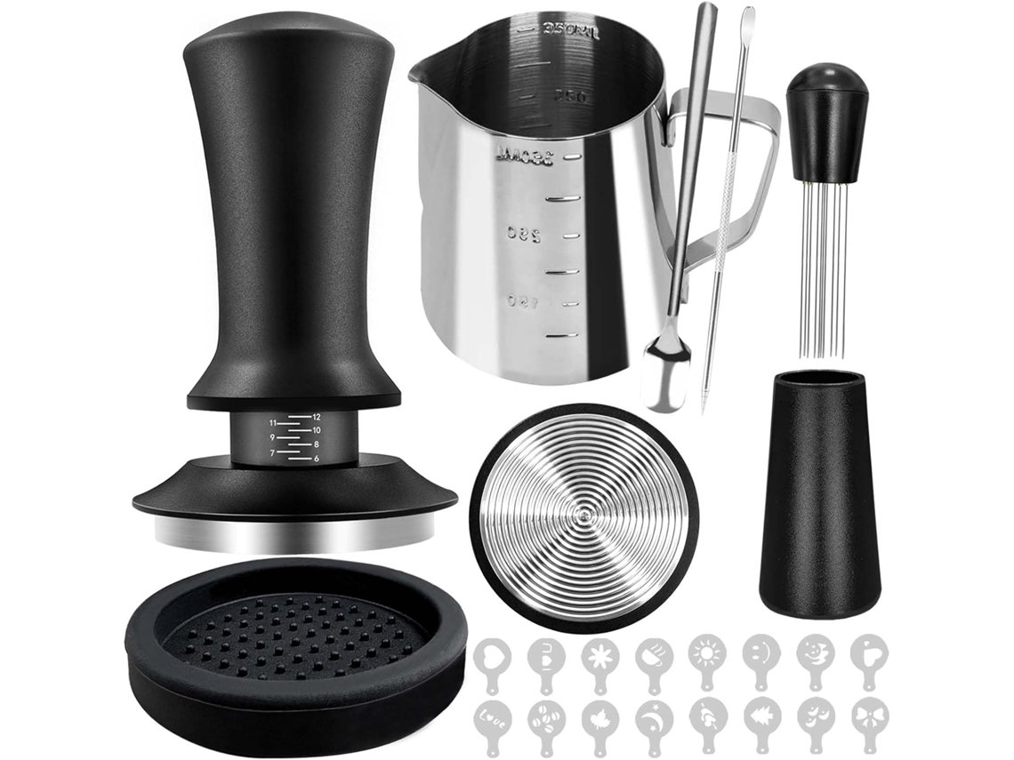 Juego de 22 prensadores de café Chrui con prensador de 51 mm, herramienta WDT, jarra para espumar y 16 plantillas de café (350 ml)