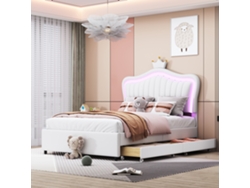 Cama Infantil 90x200 Cm - Cama Individual De Princesa Blanca Pu Con Almacenamiento, Luces Led, Somier Y Respaldo