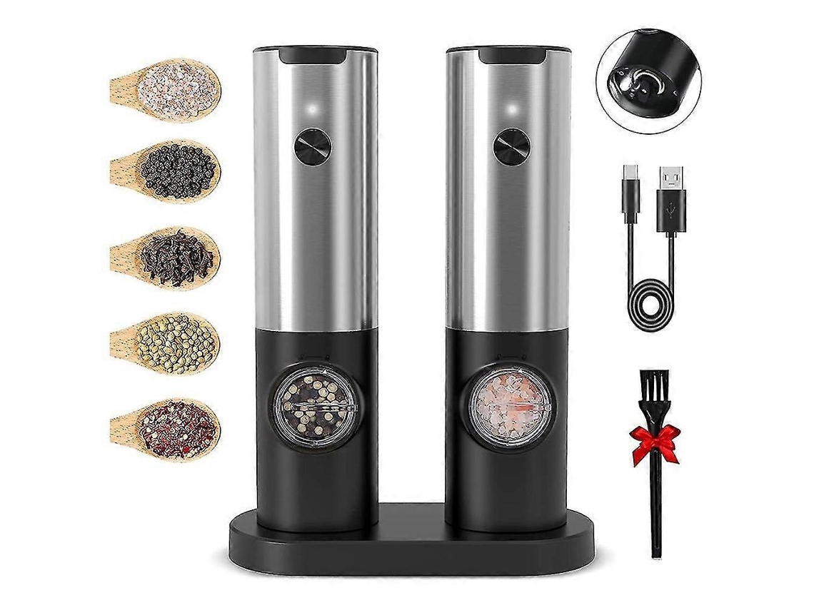 Set De Molinillos Eléctricos Recargables Para Sal Y Pimienta Con Base De Carga, Cable Usb Y Luz Led Plata Negra