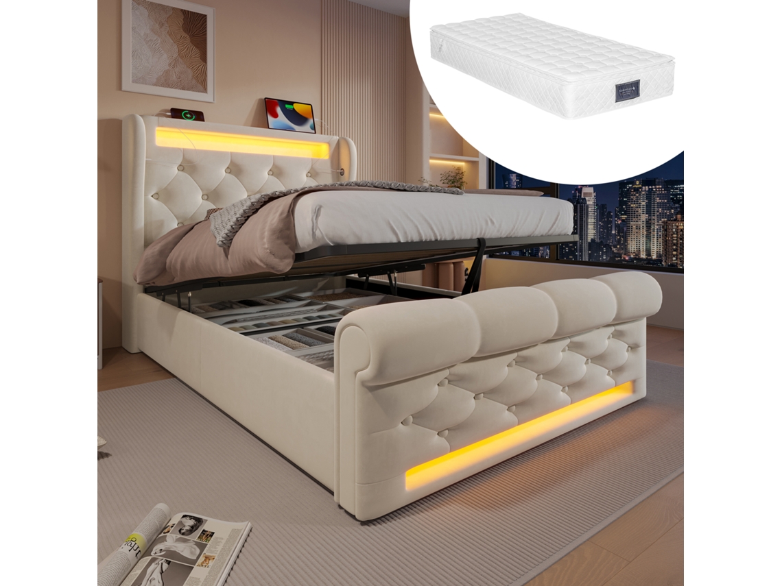 Cama Individual De Terciopelo Beige De 90x200 Cm Con Estructura De Cama Led Usb Y Almacenamiento.