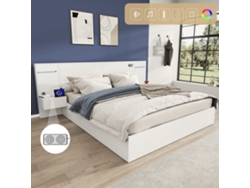 Cama Doble De 180x200 Cm, Madera Blanca, Usb, Bluetooth, Reloj Led, Mesas Auxiliares.
