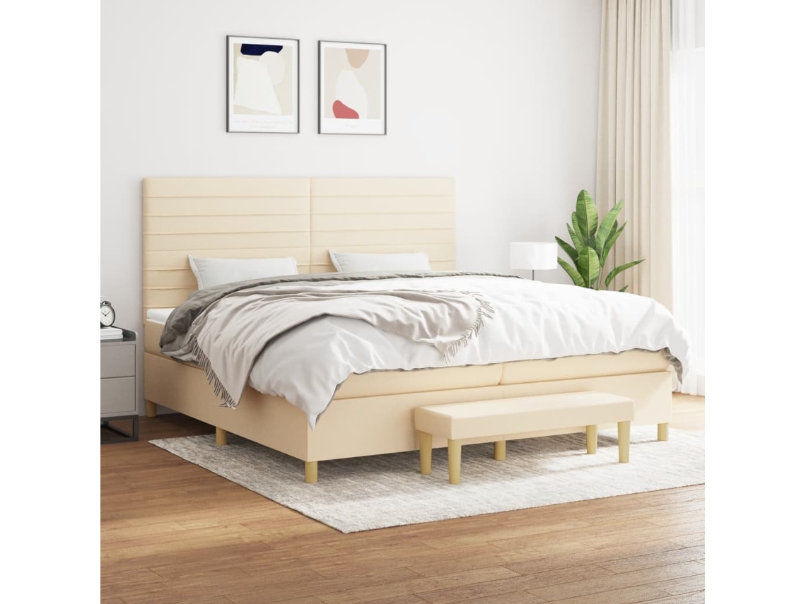 Cama Box Spring Con Colchón Tela Color Crema 200x200 Cm