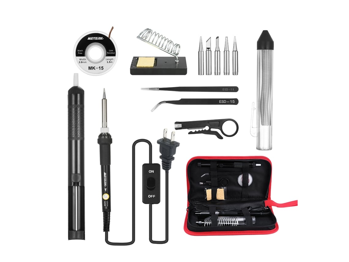 Kit De Soldadura 14 Em 1 Meterk Hierro De Soldar 60w Com Temperatura Ajustável, Pontas, Mecha E Ferramentas Na Caixa
