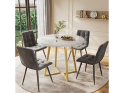 Juego De Comedor 5 Piezas, Mesa Redonda Ø80 Cm, Tablero Mdf Blanco, Patas Doradas, Sillas De Terciopelo Gris Oscuro