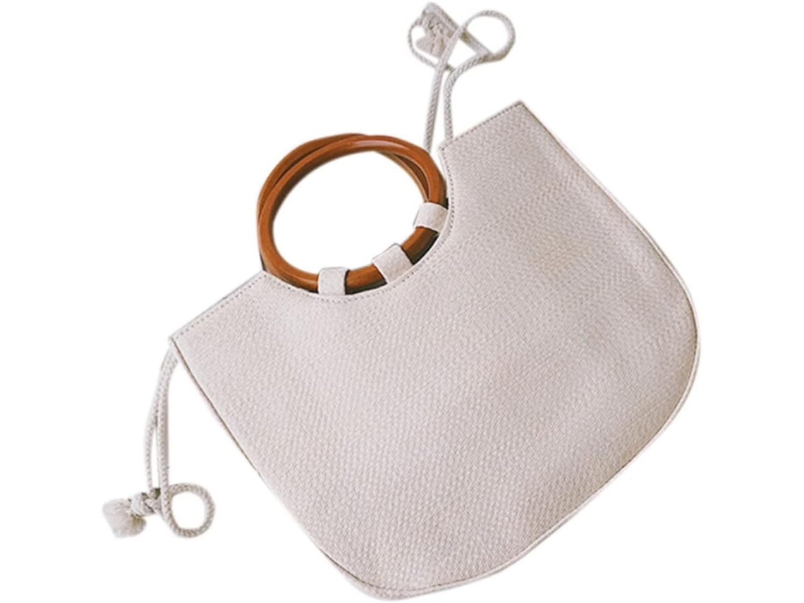 Bolsa De Ombro Feminina Em Palha Trançada Com Alça Redonda De Madeira, Bolsa De Verão Leve E Simples Para A Praia.