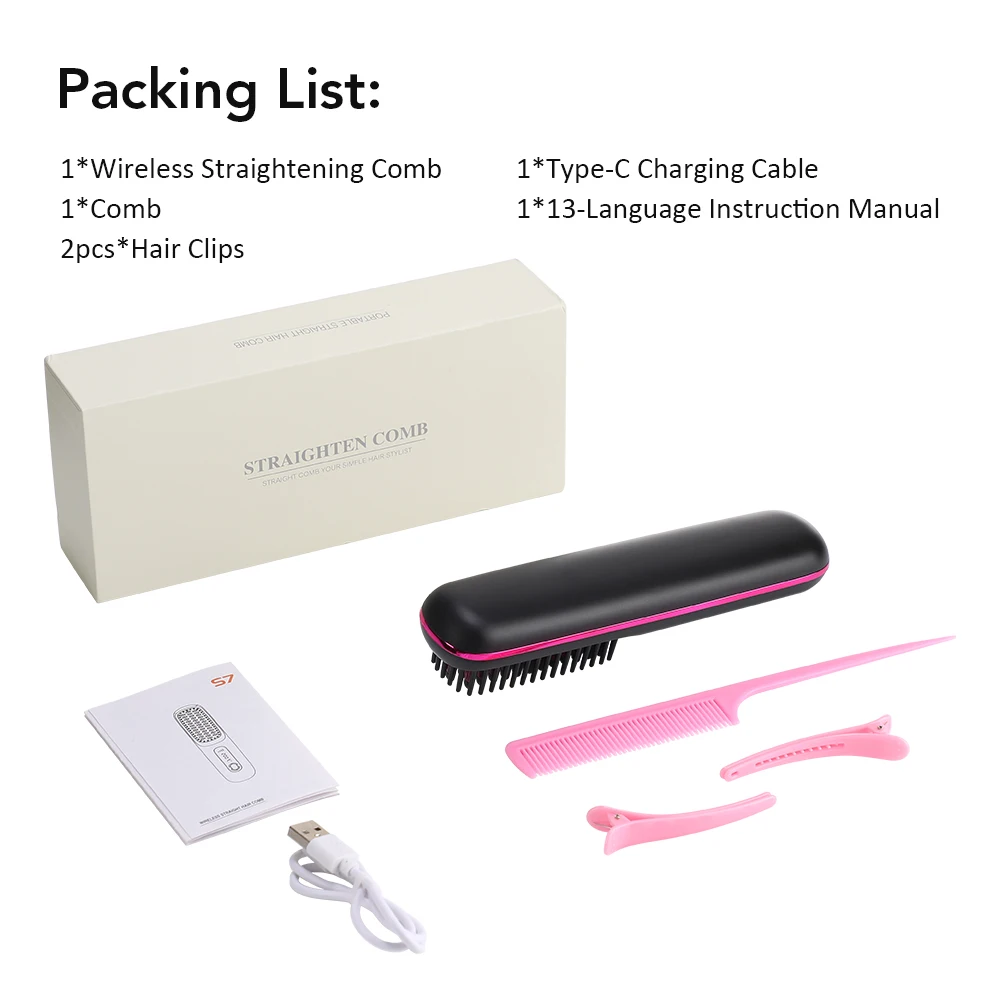 Plancha De Pelo Inalámbrica(negra)con 3 Ajustes De Temperatura Y Peine Calefactable De Cerámica Con Iones Negativos Y Protección Contra