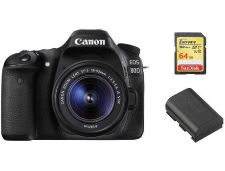 Cámara Reflex CANON EOS 80D + Objectivo EF-S 18-55MM F3.5-5.6 IS STM + Tarjeta SD 64GB + Batería LP-E6N (APS-C)