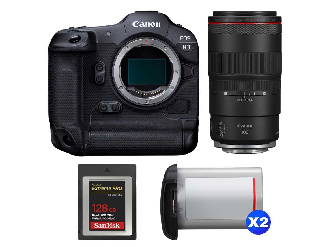 EOS R3 + RF 100mm F/2.8 L Macro IS USM + 1 Sandisk 128GB Extreme Pro Cfexpress Tipo B + 2 Canon LP E19 + Libro electrónico Pricedirect CANON