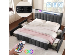 Cama Gris De 140x200 Con Iluminación Led, Puerto Usb Y Cajones.