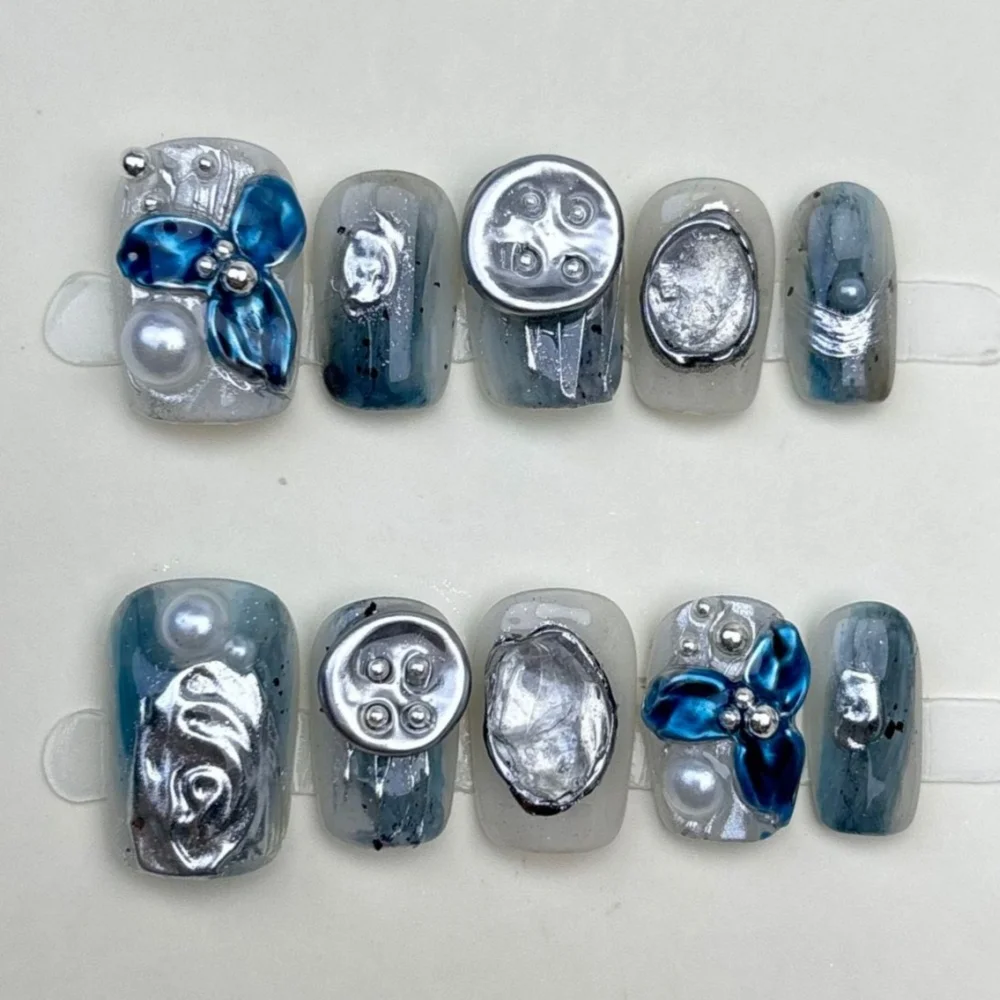 (b177-l) Juego De 10 Uñas Artificiales Hechas A Mano, Para Usar Y De Tipo Prensado.