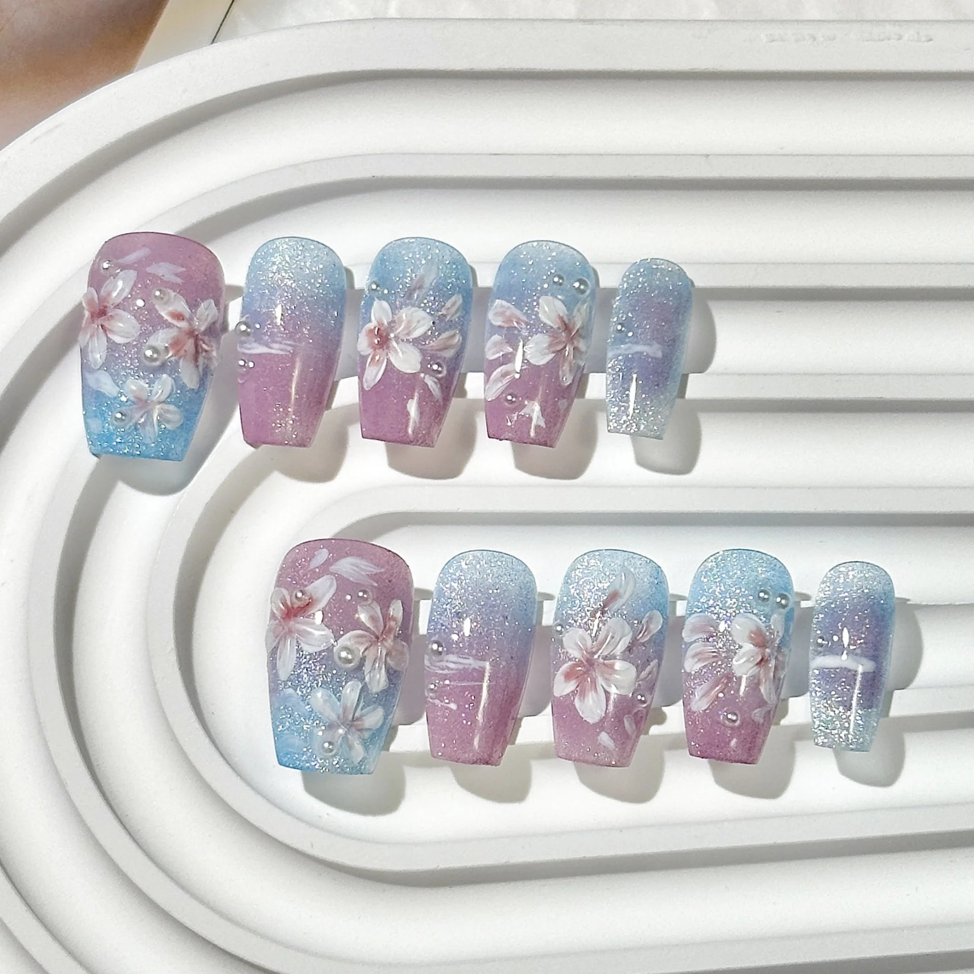 (hs074-s) 10 Pegatinas De Uñas Postizas, Manicura Francesa Corta Estilo Ballet Con Diseño De Lazo