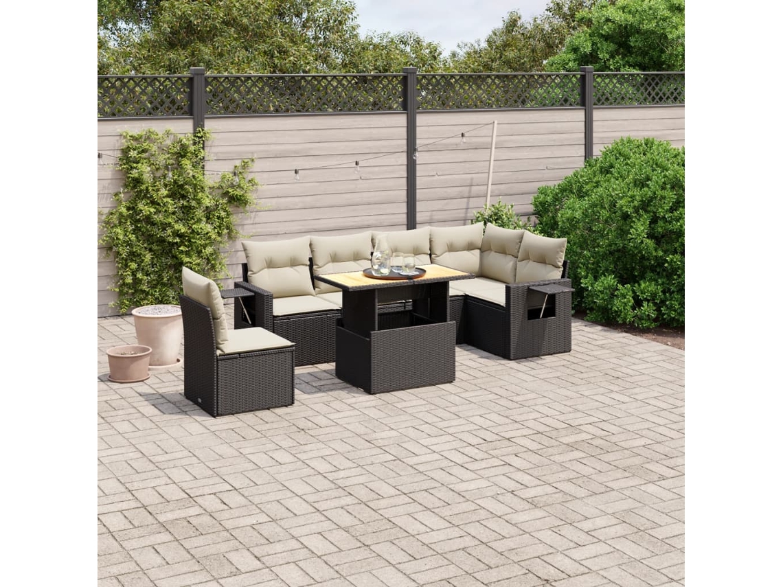 Conjunto de sofá de jardín de 7 piezas con cojines, ratán negro, Dkd Home Decor