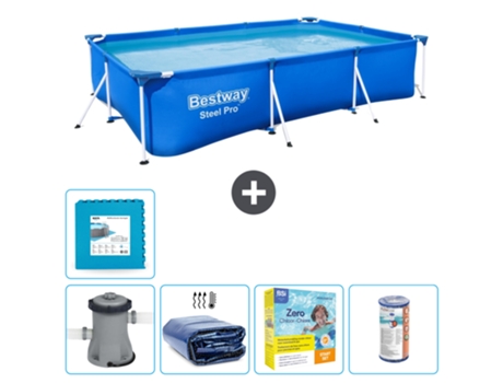 Piscina BESTWAY rectangular Steel Pro - 300 x 201 x 66 cm - Azul - Bomba incluida Vela solar - Paquete de mantenimiento - Filtrar - Baldosas