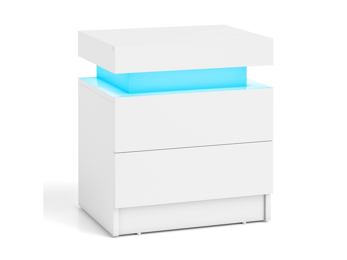 Mesa De Cabeceira Branca Com Led E 2 Gavetas, Design Moderno E Elegante