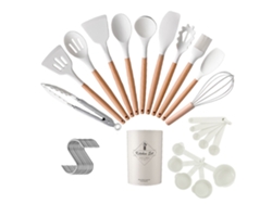 Conjunto de Utensílios de Cozinha 32 Peças Conjunto de Panelas Resistentes Ao Calor de Silicone com Cabo de Madeira-Branco GERTIZ