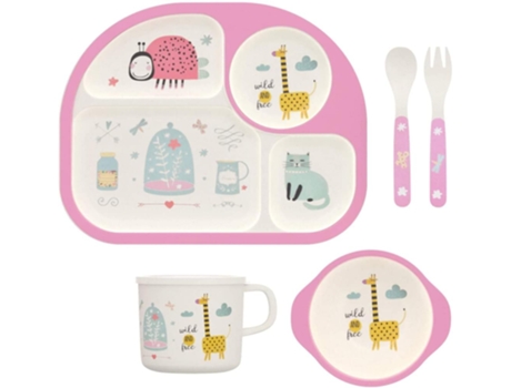 Juego de vajilla de bambú para niños de 5 Vajilla respetuosa con el medio ambiente: plato, tazón, taza, cuchara, tenedor, vajilla para niños sin BP...