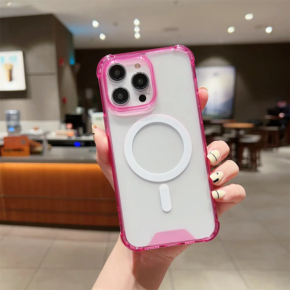 (iphone 11, Rosa) Funda Magsafe De Carga Inalámbrica Magnética Para Iphone Con Marco Transparente A Prueba De Golpes.