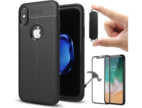 Carcasa + Protector + Soporte iPhone XS Rugged Leather Negro