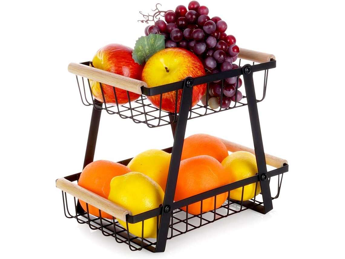 Elegante cesta de frutas y verduras de dos pisos en metal negro