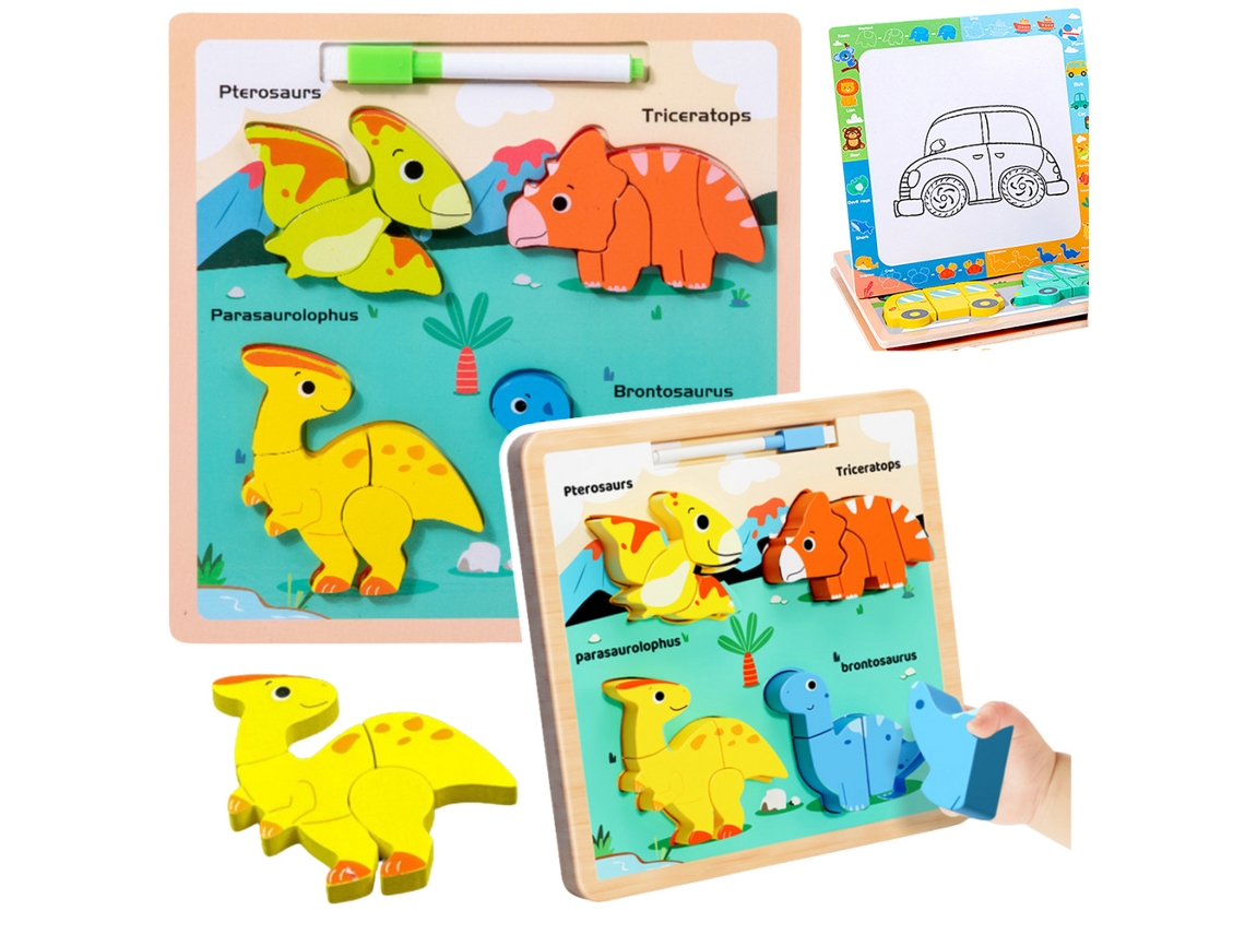 Rompecabezas de madera 2 en 1 con marcadores educativos de dinosaurios B.active