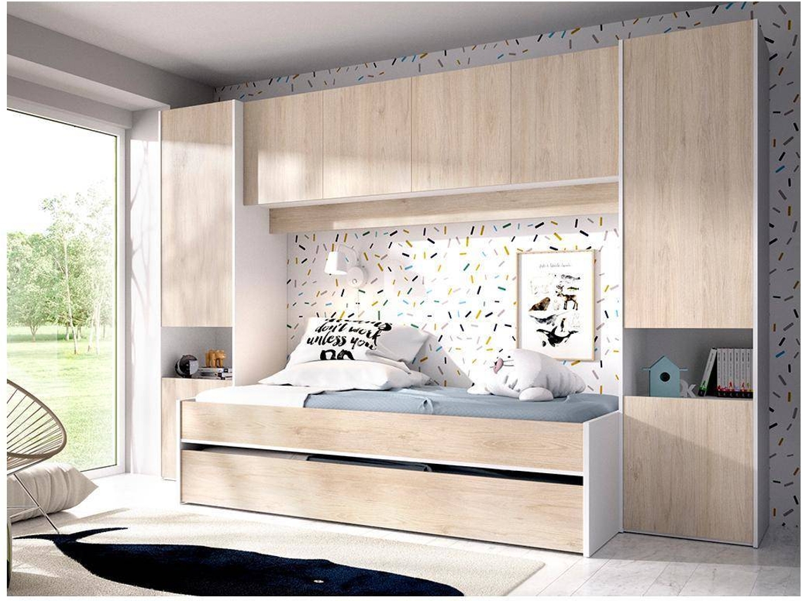 Cama, Armario y Altillo DKIT Kwai (Blanco/Natural - 203x303x97 cm)