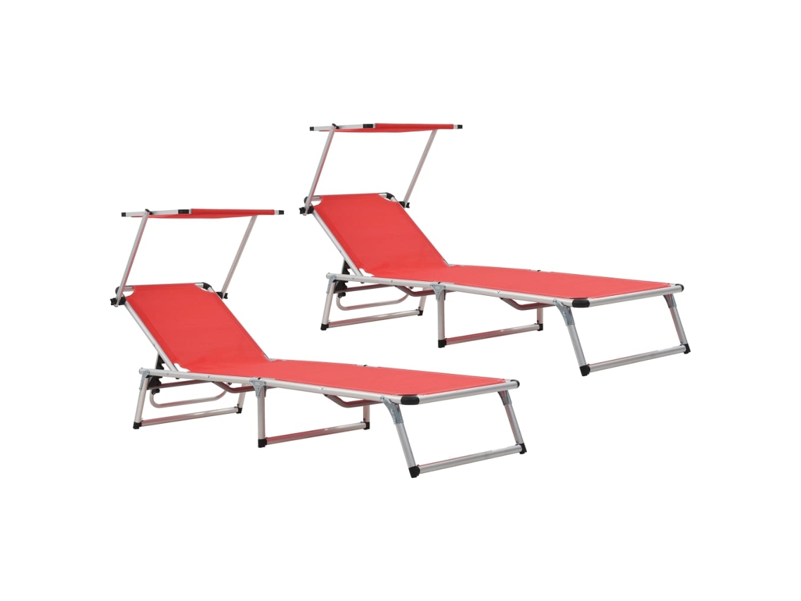 Juego de 2 Tumbonas plegables con techo Muebles para patio Asientos de jardín aluminio y textilene rojo
