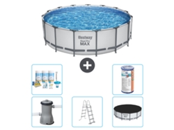 Piscina BESTWAY Round Steel Pro MAX - 457 x 122 cm - Gris - Bomba incluida - Escalera - Cobertor Paquete de mantenimiento - Filtrar