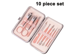 Kit De Manicura Profesional Con 10 Piezas, Cuchilla De Acero Inoxidable Y Estuche De Piel Sintética Color Oro Rosa.