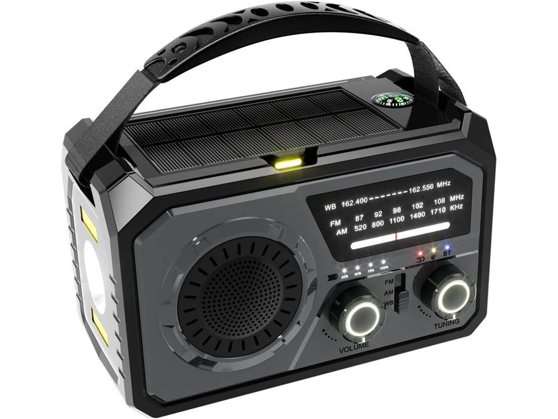 Radio solar portátil Zruxe H21 NOAA/FM/AM, SOS, brújula, Bluetooth 5.3, linterna (gris, 16000 mAh)