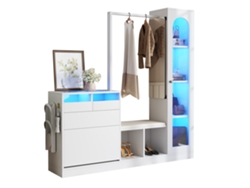 Mueble Recibidor 6 En 1 - Zapatero, Espejo, Banco Y Perchero Con Luz Led - Blanco