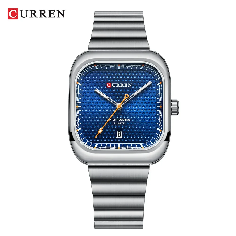 (azul Plateado) Reloj Para Hombre Resistente Al Agua Con Agujas Luminosas Y Pantalla De Fecha, Caja Cuadrada De Acero Inoxidable.