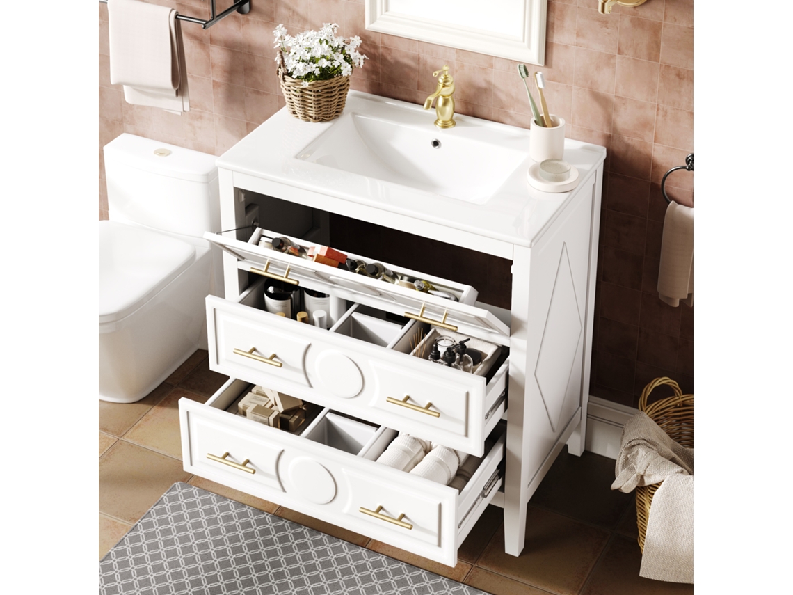 Mueble De Baño Blanco De 81x46,5 Cm Con Lavabo De Cerámica Y 3 Cajones, Estilo Retro.