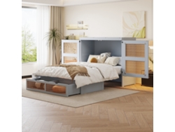 Cama Murphy 140 X 200 Cm, Cama De Pared, Con Cajones De Almacenamiento, Diseño De Ratán, Gris