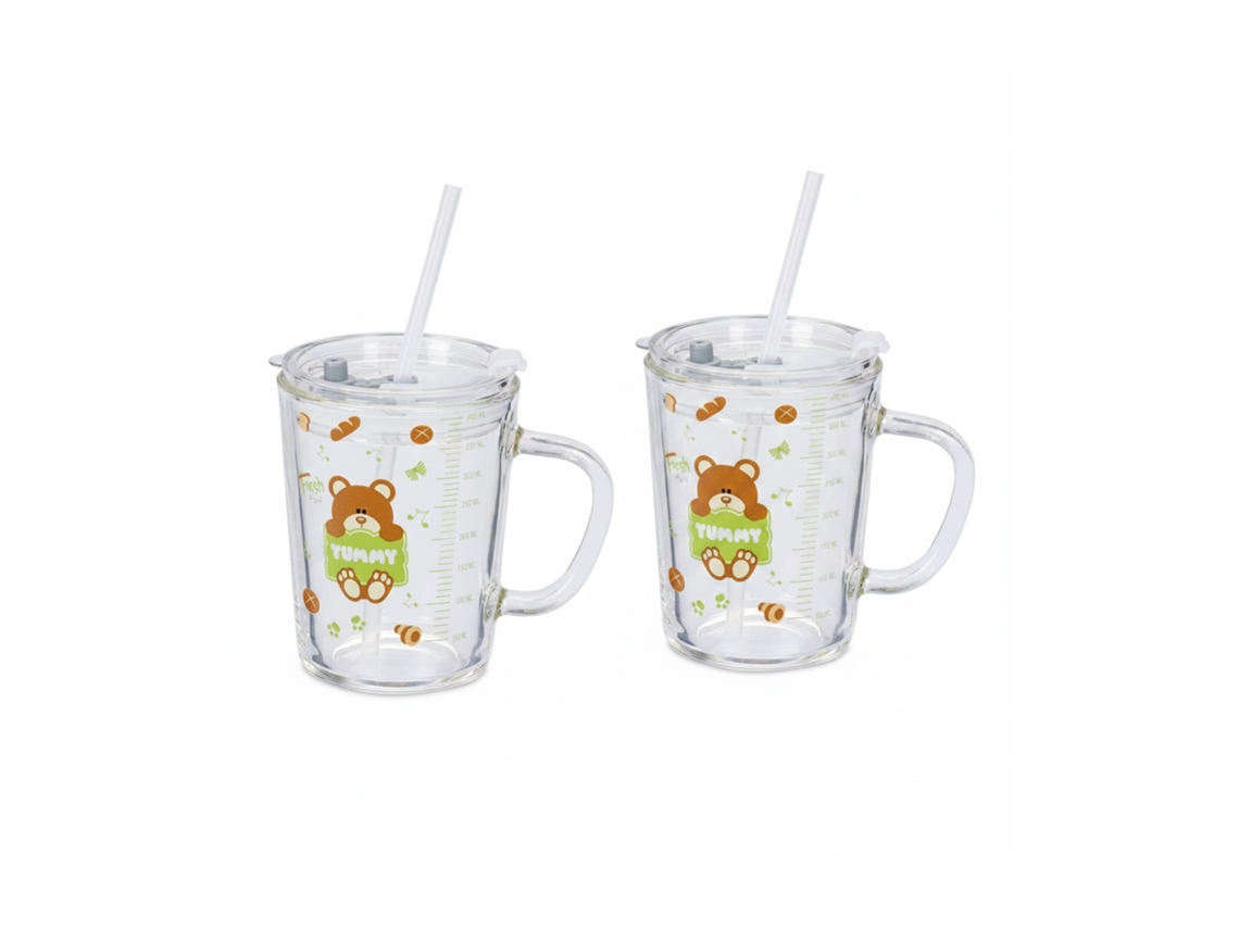Conjunto De 2 Copos Relaxdays Para Crianças, Motivo De Urso, Com Pega, Tampa E Palhinha, 400 Ml, Transparente