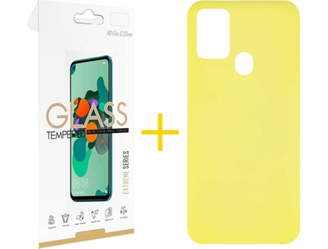 Funda y Protector de Vidrio 1x Samsung Galaxy A21s SKYHE Silicona Líquida Amarillo