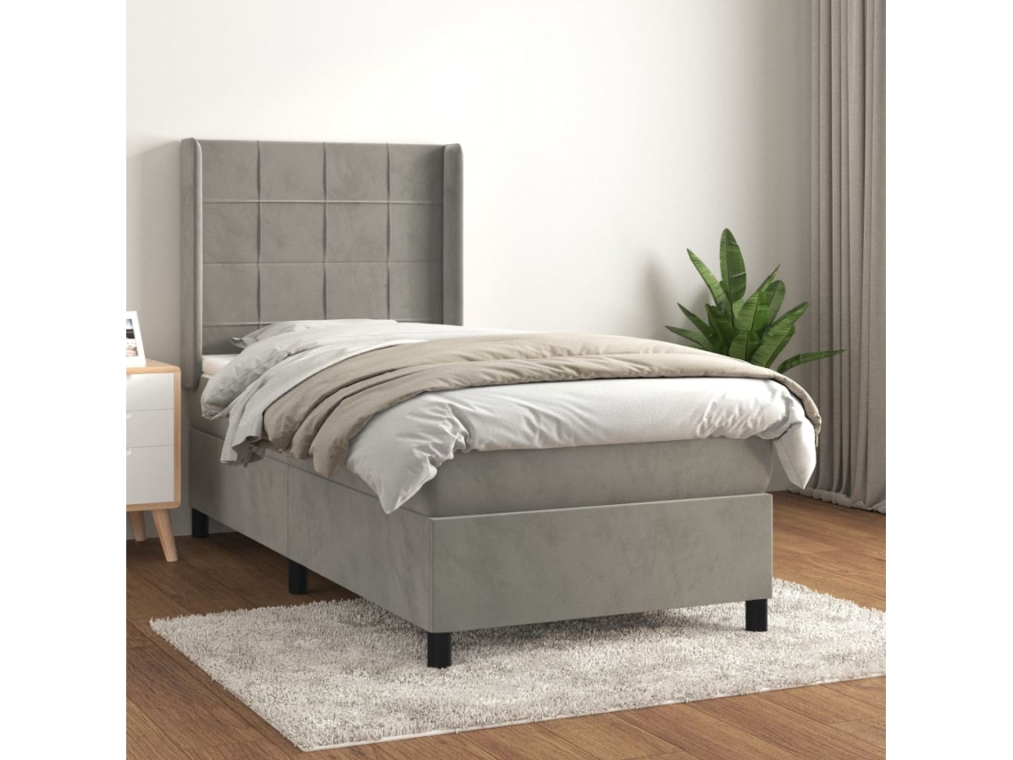 Cama Box Spring Con Colchón Terciopelo Gris Claro 100x200 Cm