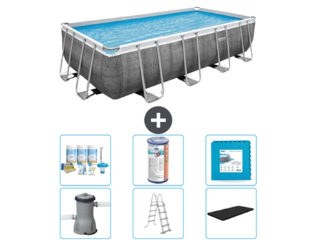 Piscina BESTWAY Rectangular Power Steel - Estampado Ratán - 488 x 244 x 122 - Incluida Bomba - Escalera - Cobertor Accesorios CB30