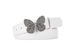 Cinturón De Mujer Con Mariposa Y Hebilla De Pedrería, Piel Sintética, Ajustable, 108 Cm, Blanco.