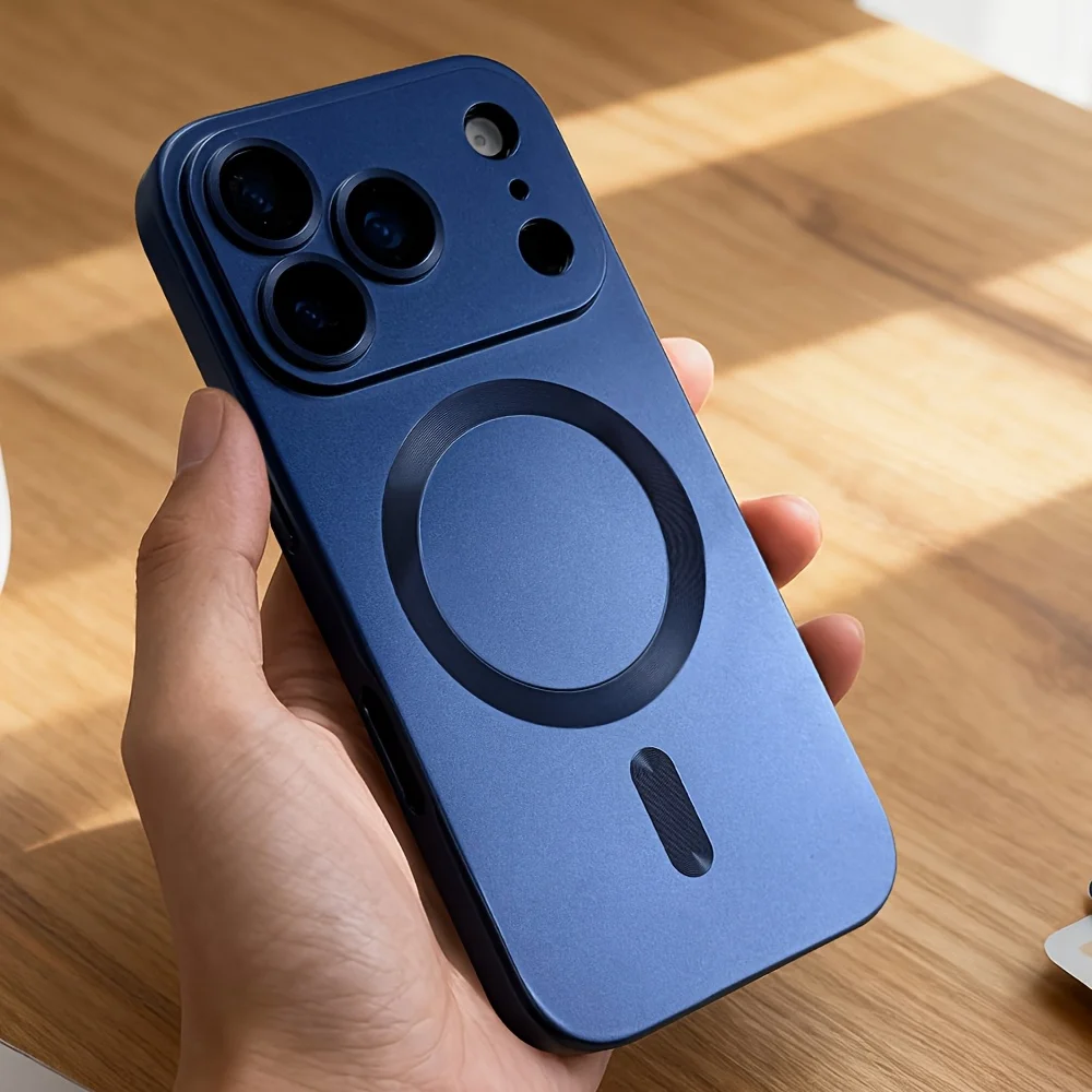 (iphone 15 Pro Azul) Funda Magnética De Tpu Suave Con Acabado Metálico Y Protector De Lente Para Carga Inalámbrica