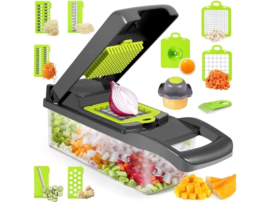 Picadora de Verduras Multifuncional 13 en 1 Con Cajas De Almacenaje Mandolina Cocina Profesional Para Cortar Y Rallar Verduras -Verde