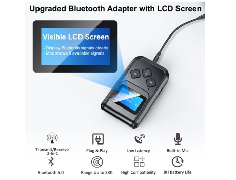 BISBISOUS T15 5.0 Transmisor Receptor Bluetooth 2 en 1 con Pantalla para TV y PC Negro