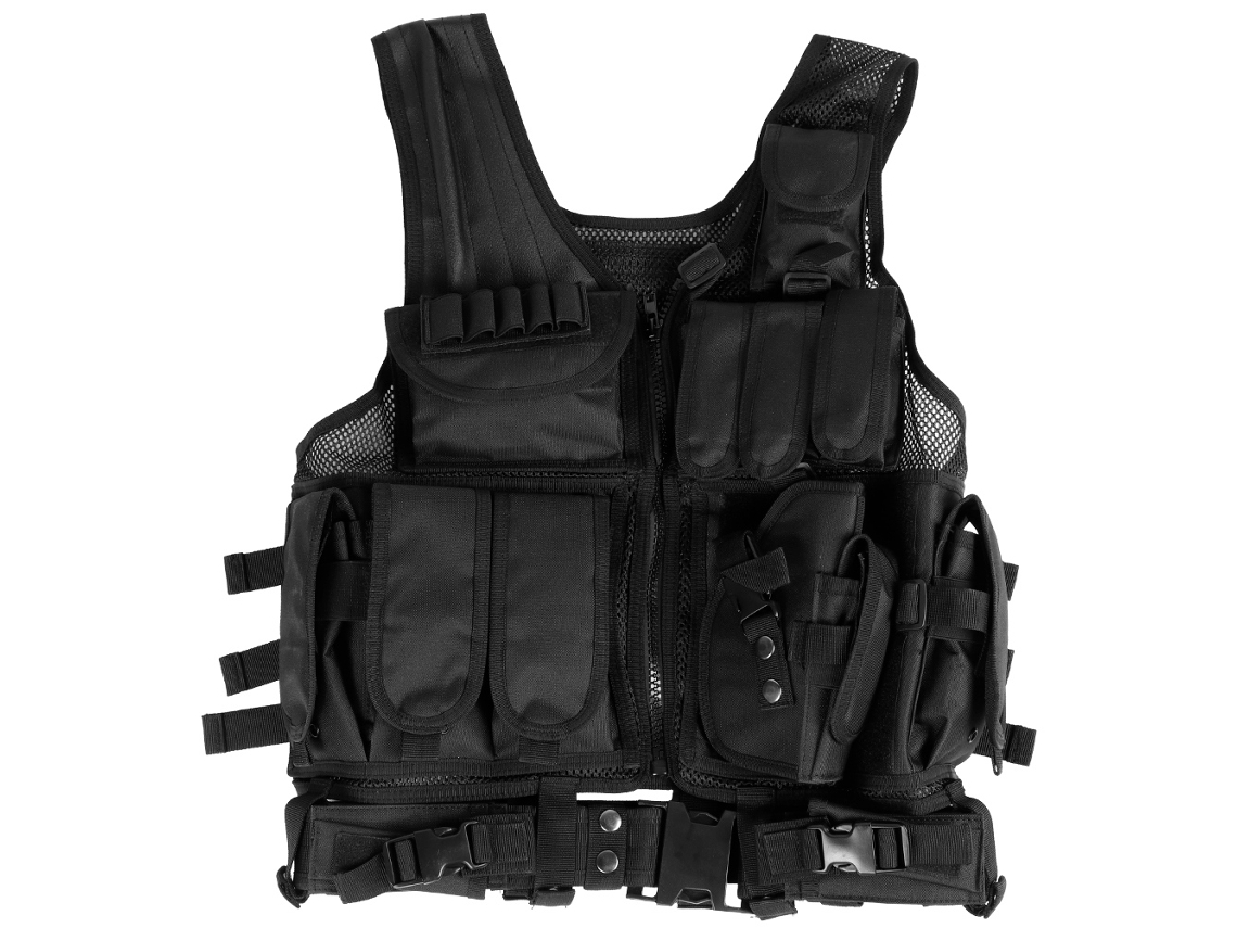 Chaleco táctico negro multifuncional de fibra de poliéster para camping y senderismo.