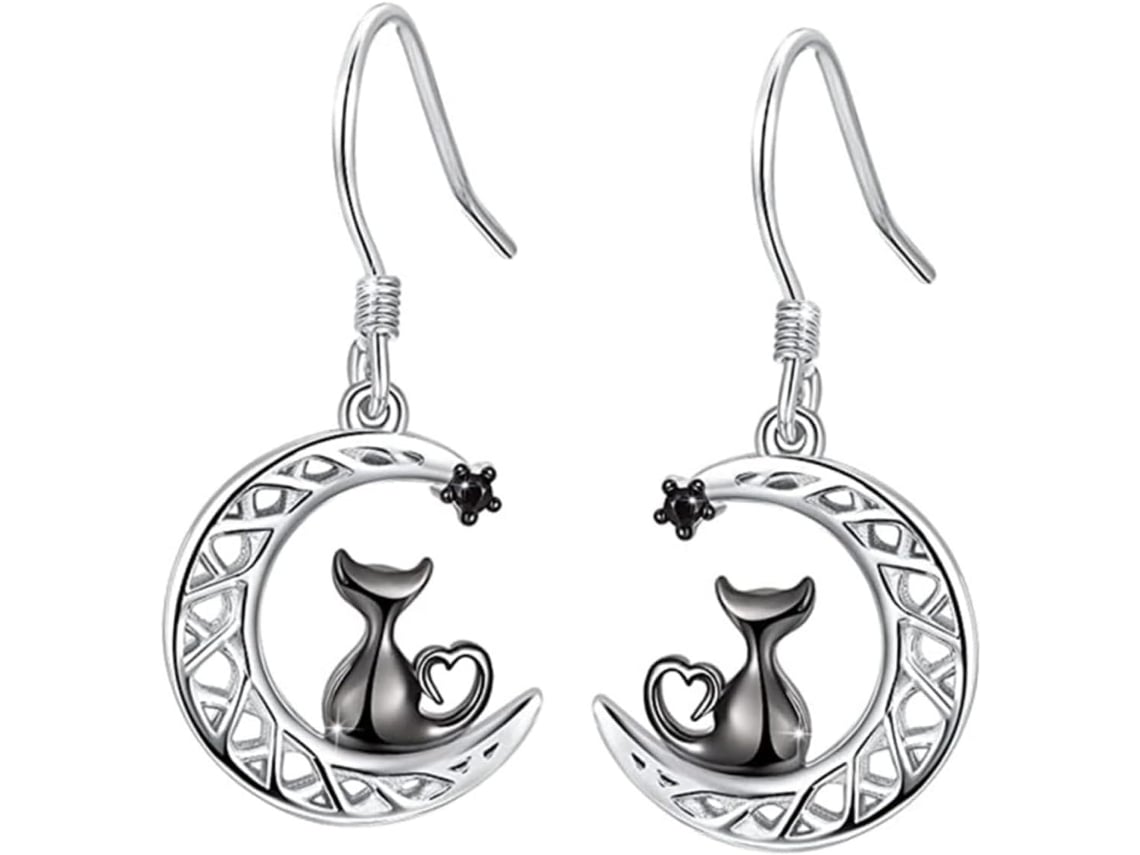 Brincos Pendentes De Gato Preto E Lua, Em Aço Inoxidável Prateado, Leves E Delicados, Para Mulheres.