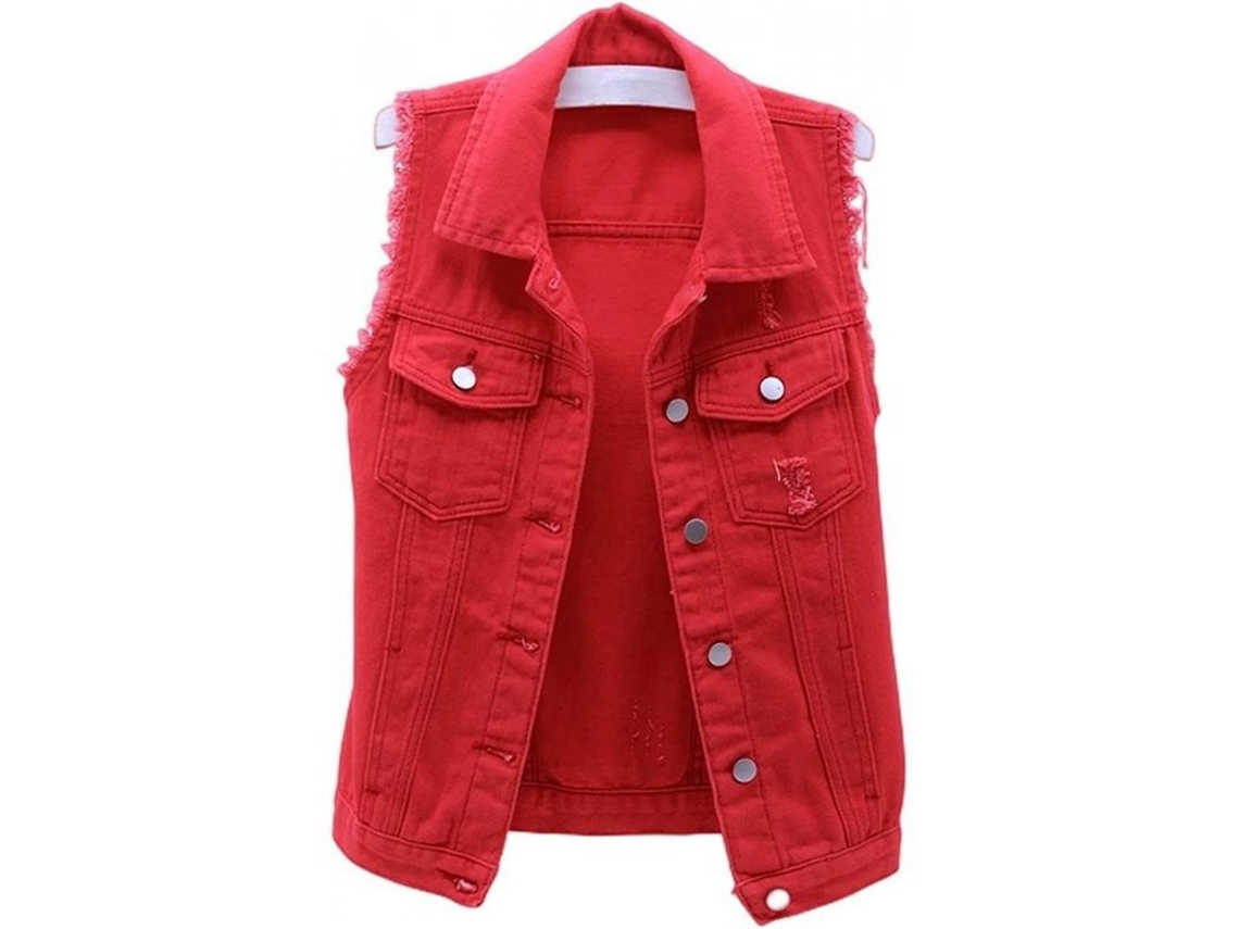 2026-10589-chaleco Vaquero Crop Para Mujer Sin Mangas Con Botones Y Bolsillos Casual Verano Primavera Otoño Qfd Xx-grande Rojo