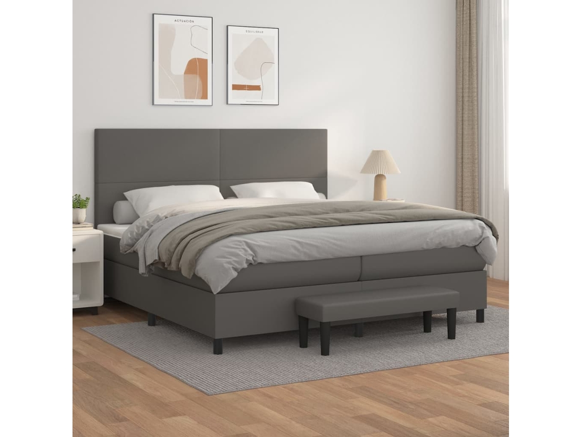 Cama Box Spring Con Colchón Cuero Sintético Gris 200x200 Cm