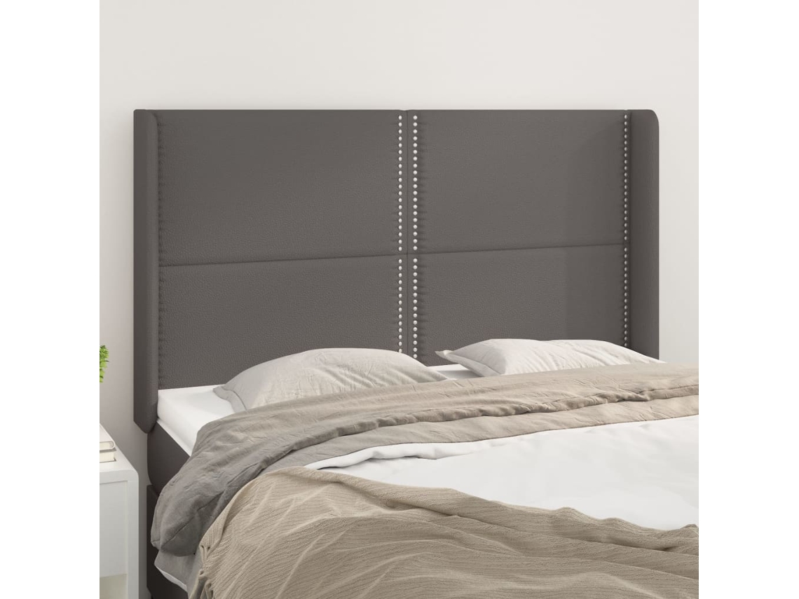 Cabecero Con Orejas Cuero Sintético Gris 147x16x118/128cm