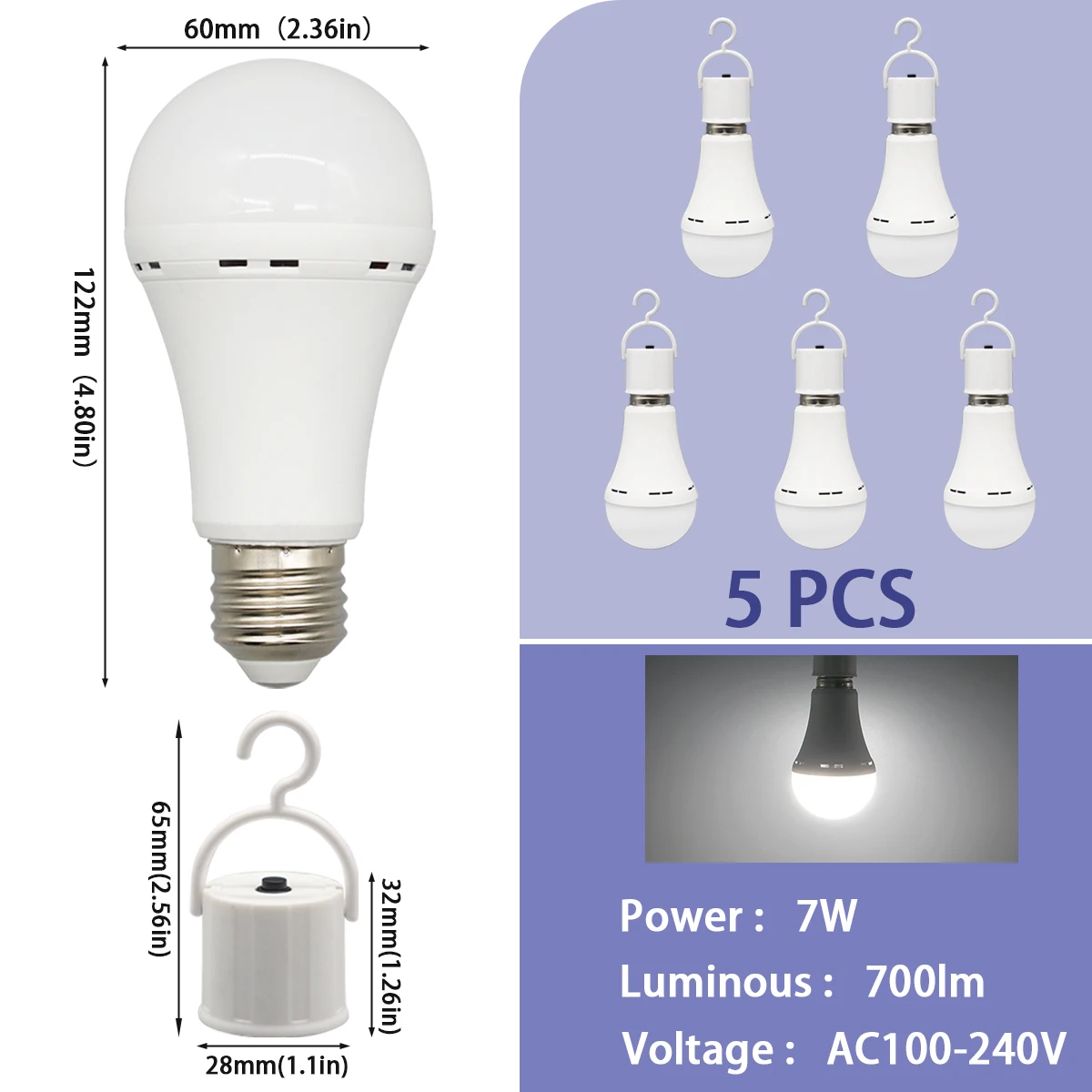 Bombillas Led De Emergencia (5 Bombillas, 7 Vatios), Luz Fría, Casquillo E27, 1500 Mah, Para Acampada Y Pesca Al Aire Libre.
