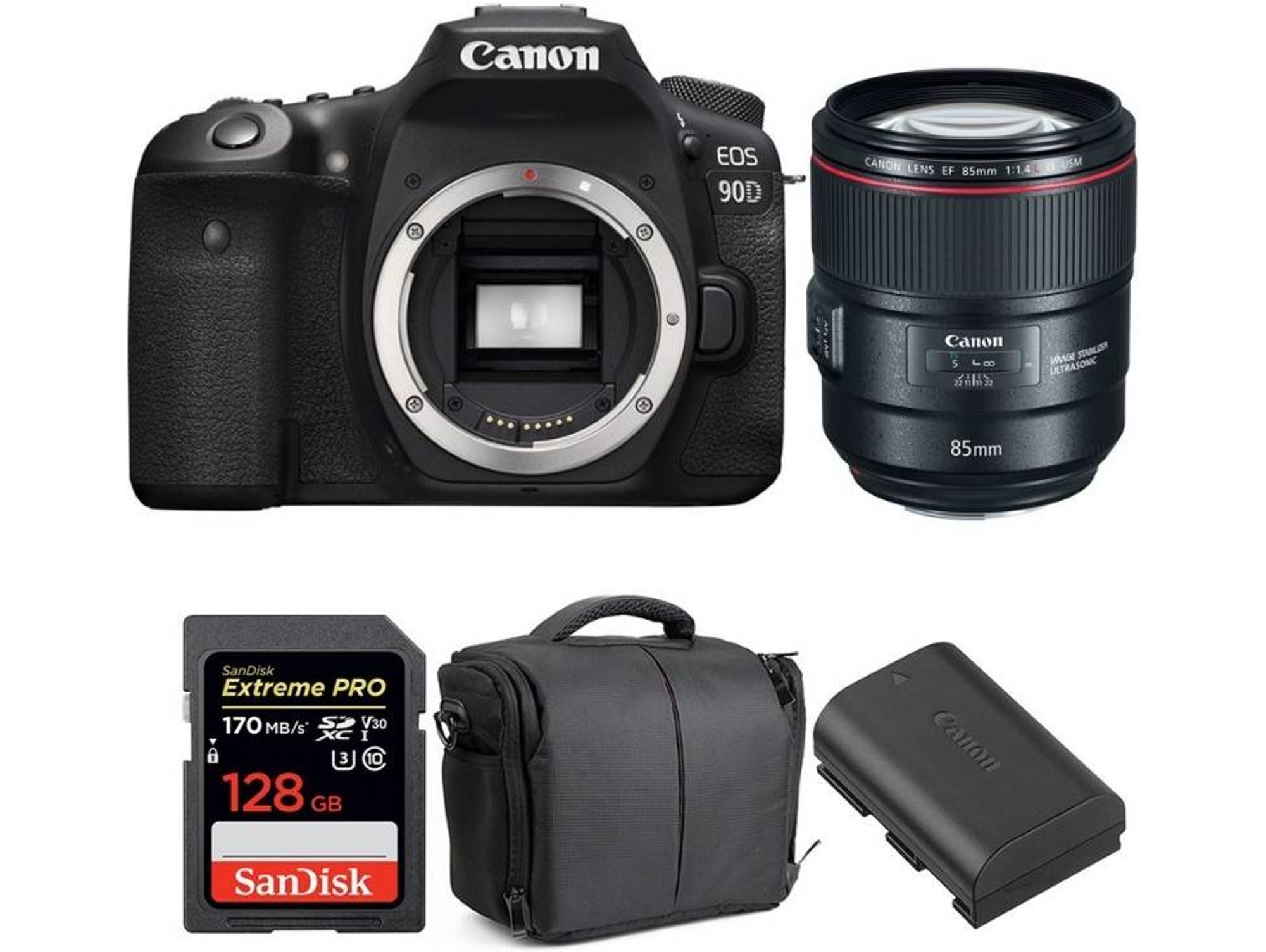 Kit Cámara CANON EOS 90D + EF 85mm f/1.4L IS USM + SanDisk 128 GB + Batería + Bolsa (APS-C)