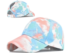 Gorra tie-dye (sin marca), abertura para coleta, para mujer, snapback, malla, estilo moño.